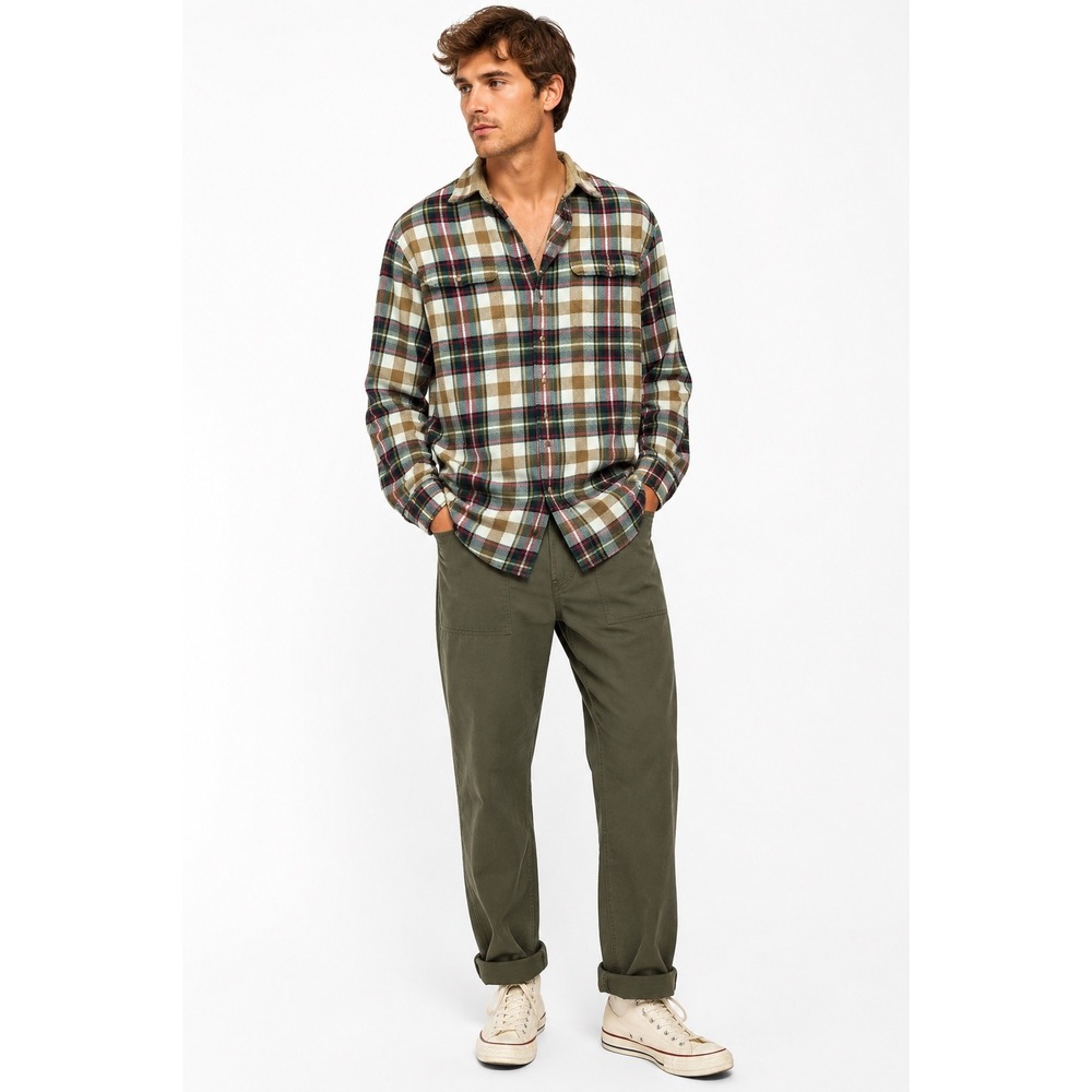 Polo Ralph Lauren Flannel Shirt‎ Mens XL Green Plaid Corduroy Collar Workwear